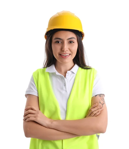 Vrouwelijke Werkneemster Vest Helm Witte Achtergrond — Stockfoto
