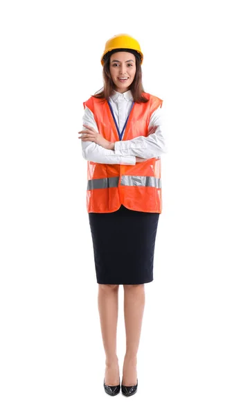 Female Worker Vest Hardhat White Background — Photo