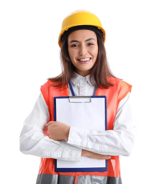 Female Engineer Clipboard White Background —  Fotos de Stock