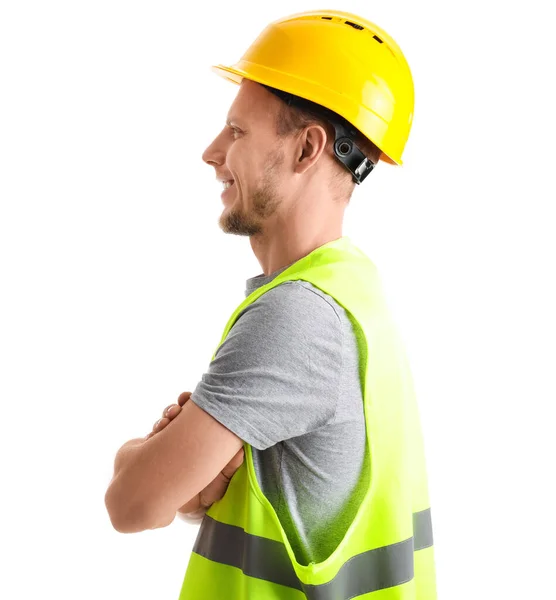 Male Worker Vest Hardhat White Background — Stock Fotó
