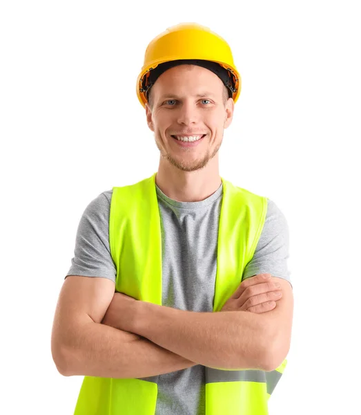 Male Worker Vest Hardhat White Background — 图库照片