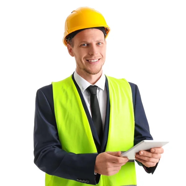 Male Engineer Tablet Computer White Background — Stock Photo, Image