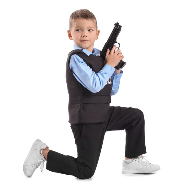 Funny Little Police Officer Gun White Background — Stock Photo, Image