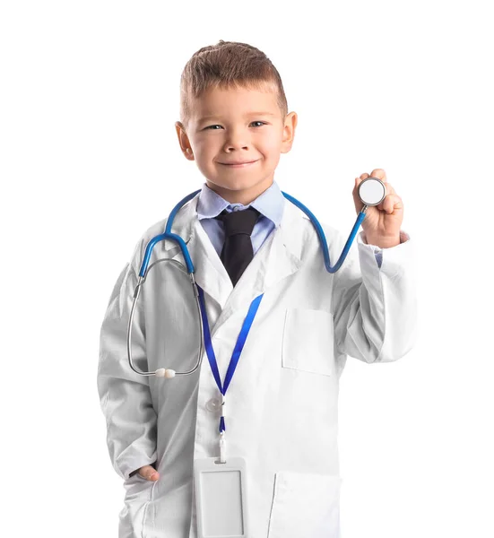 Netter Kleiner Arzt Mit Stethoskop Auf Weißem Hintergrund — Stockfoto
