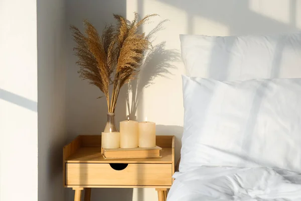 Burning Candles Book Vase Pampas Grass Table Light Wall — Stock Photo, Image