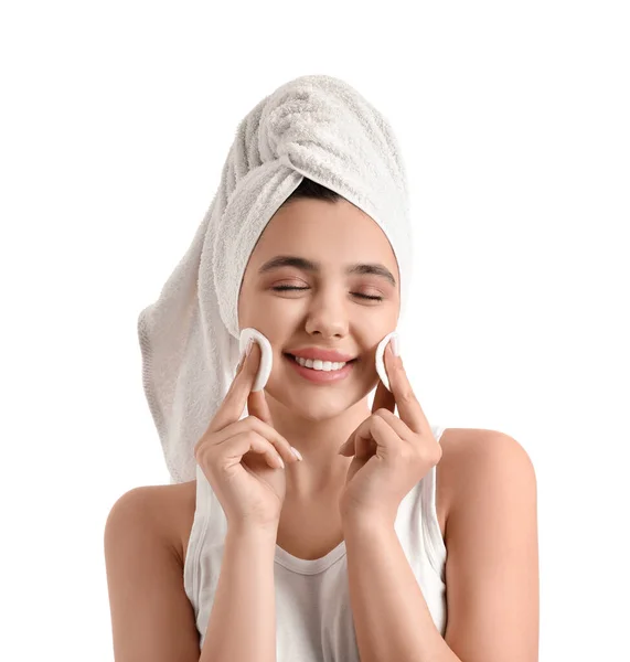 Young Woman Removing Makeup Cotton Pads White Background Closeup — Stock Photo, Image