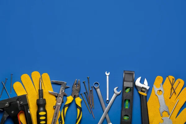 Různé Stavební Nástroje Rukavice Modrém Pozadí — Stock fotografie