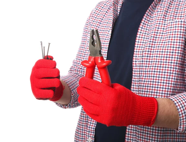 Man Gloves Holding Pliers Nails White Background — Stock Photo, Image