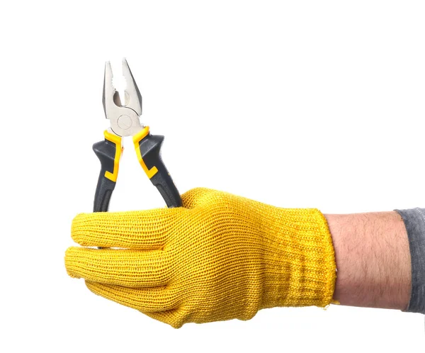 Male Hand Gloves Holding Pliers White Background — Stock Photo, Image