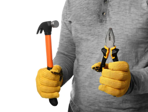 Man Gloves Holding Pliers Hammer White Background — Stock Photo, Image