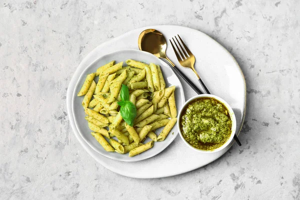 Plate Pesto Pasta Grunge Background — Stock Photo, Image
