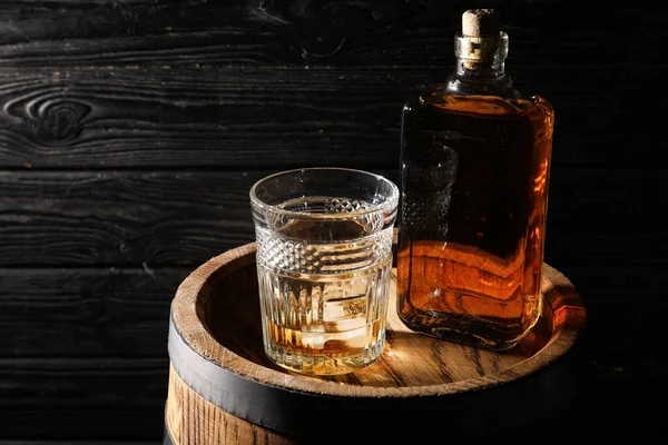 Oak Barrel Bottle Glass Cold Whiskey Dark Wooden Background — Stock Photo, Image