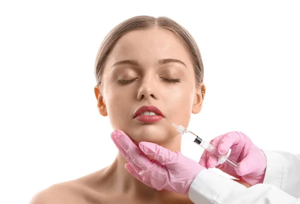 Young Woman Receiving Filler Injection Face White Background — Stock Photo, Image
