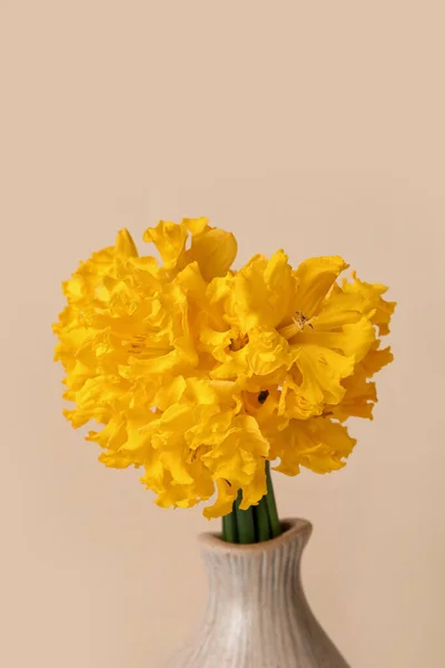 Vase Narcissus Flowers Beige Background Closeup — Stock Photo, Image