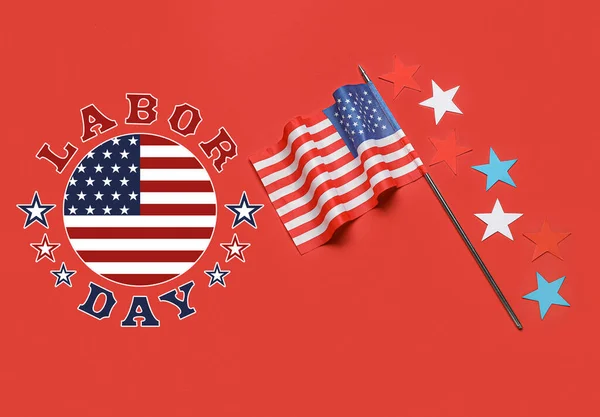 赤の背景にアメリカの国旗と労働者の日の挨拶カード — ストック写真