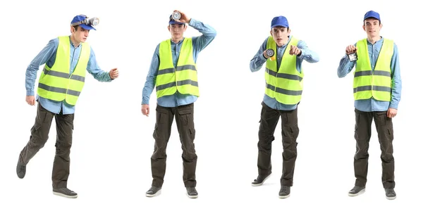 Collage Trabajador Masculino Chaleco Seguridad Con Linternas Sobre Fondo Blanco — Foto de Stock