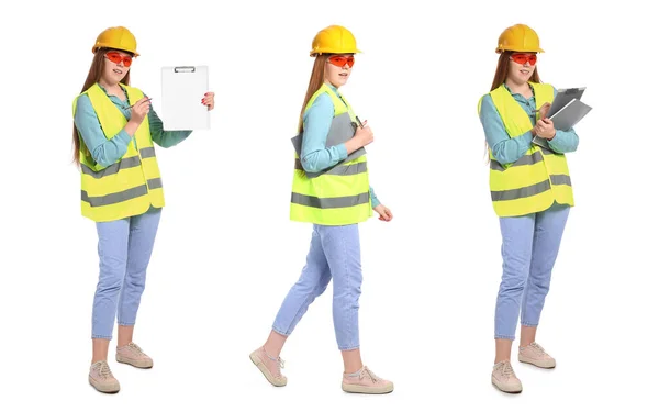 Kolaż Kobiety Inżynier Kamizelce Bezpieczeństwa Białym Tle — Zdjęcie stockowe