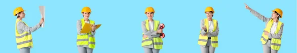 Collage Kvinnlig Ingenjör Säkerhetsväst Blå Bakgrund — Stockfoto