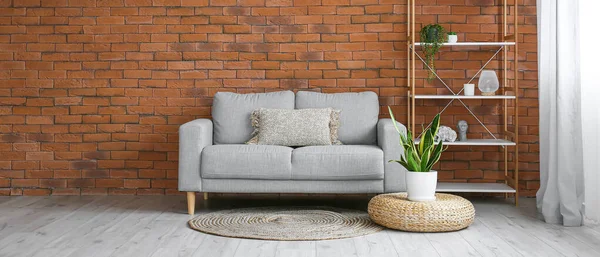 Interior of modern living room with grey sofa, pouf, houseplant and shelving unit in room