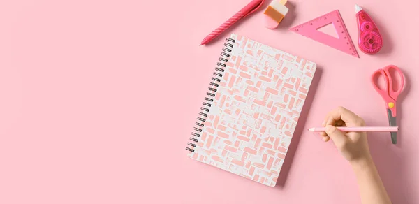 Child Hand Notebook Stationery Pink Background Space Text — Stock Photo, Image