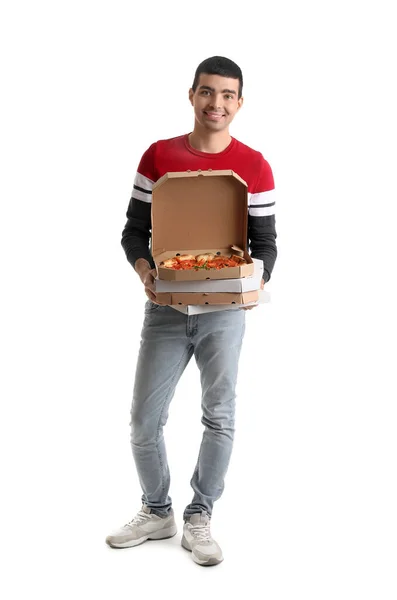 Young Man Boxes Tasty Pizza White Background — Stock Photo, Image