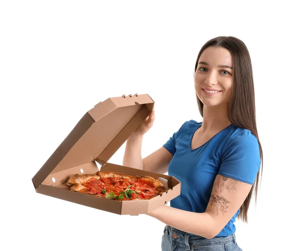 Młoda Kobieta Pudełkiem Smacznej Pizzy Białym Tle — Zdjęcie stockowe