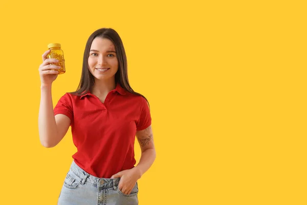 Young Woman Bottle Vitamin Supplements Yellow Background — Stockfoto