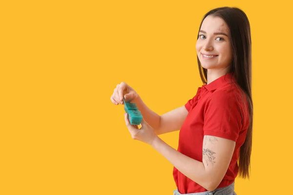 Young Woman Container Vitamin Supplements Yellow Background —  Fotos de Stock