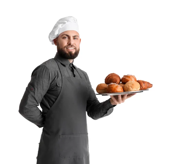 Male Baker Holding Tray Pastries White Background — Zdjęcie stockowe