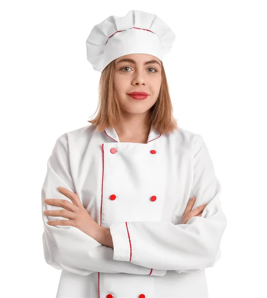 Female Baker Uniform White Background — Zdjęcie stockowe