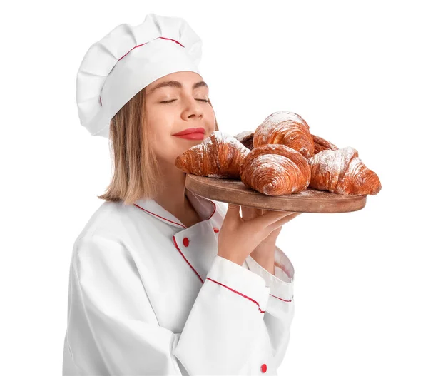 Female Baker Board Tasty Croissants White Background — Zdjęcie stockowe