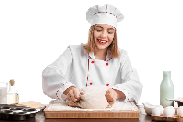 Vrouwelijke Bakker Met Rauw Deeg Aan Tafel Witte Achtergrond — Stockfoto