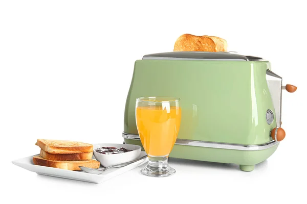 Bread Slices Modern Toaster Glass Juice Tasty Toasts Jam Isolated — Fotografia de Stock