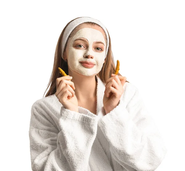 Young Woman Applied Turmeric Mask Roots White Background — Stockfoto