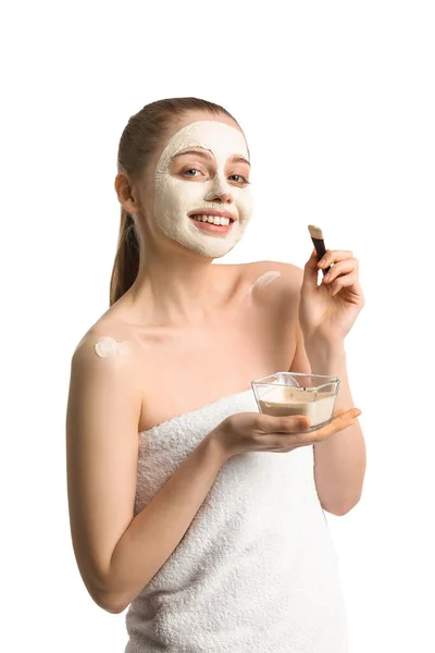 Young Woman Applying Turmeric Mask Brush White Background — 图库照片