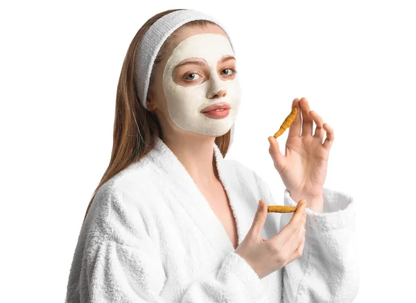 Young Woman Applied Turmeric Mask Roots White Background — Fotografia de Stock