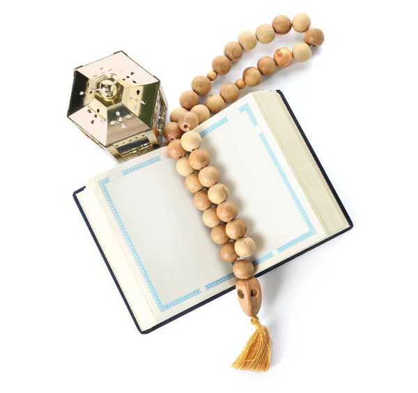 Koran Prayer Beads Muslim Lantern Ramadan White Background — Stock Photo, Image