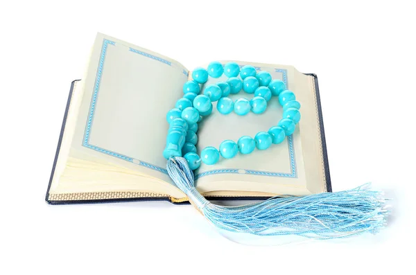 Open Koran Prayer Beads Ramadan White Background — Stock Photo, Image