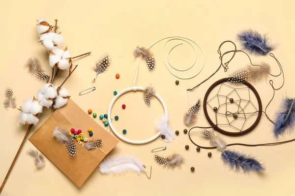 Materials Making Dream Catcher Beige Background — Stock Photo, Image