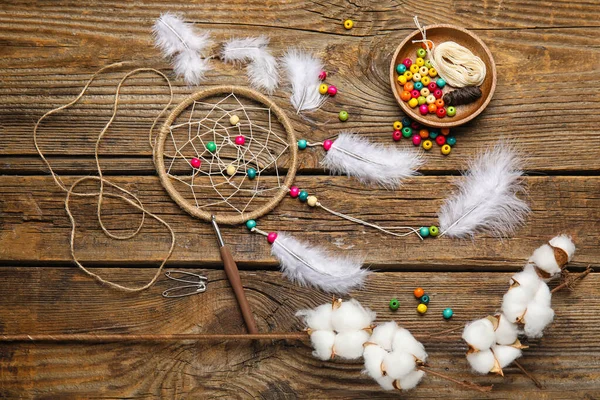 Materials Making Dream Catcher Cotton Flowers Wooden Background — Stock Photo, Image