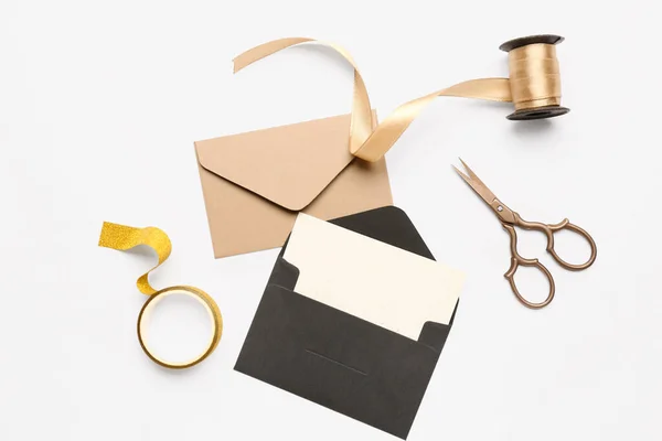 Composition Envelopes Blank Card Scissors Ribbon White Background — Stock Photo, Image
