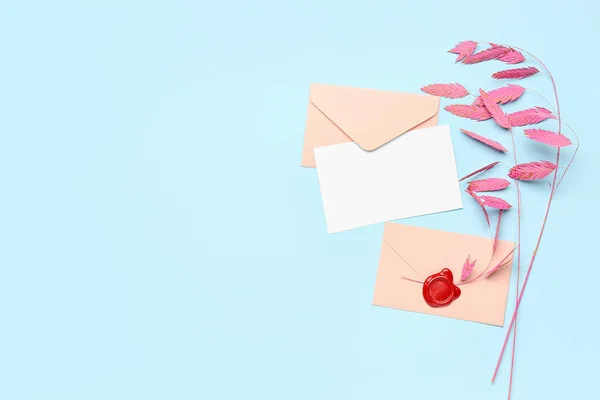 Samenstelling Met Blanco Kaart Enveloppen Gedroogde Bloemen Kleur Achtergrond — Stockfoto