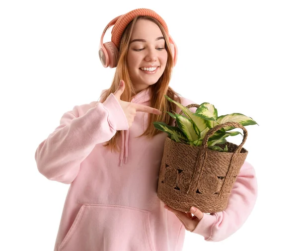 Young Woman Headphones Pointing Houseplant White Background — Stock Photo, Image