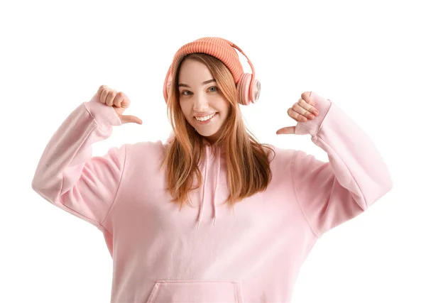 Young Woman Headphones Pointing Herself White Background — Stock Photo, Image