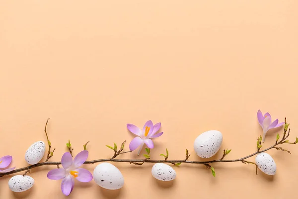 Composition Plant Branch Easter Eggs Crocus Flowers Color Background — Stock Photo, Image