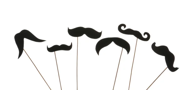 Set Different Paper Mustaches Wooden Sticks White Background — Stock Photo, Image