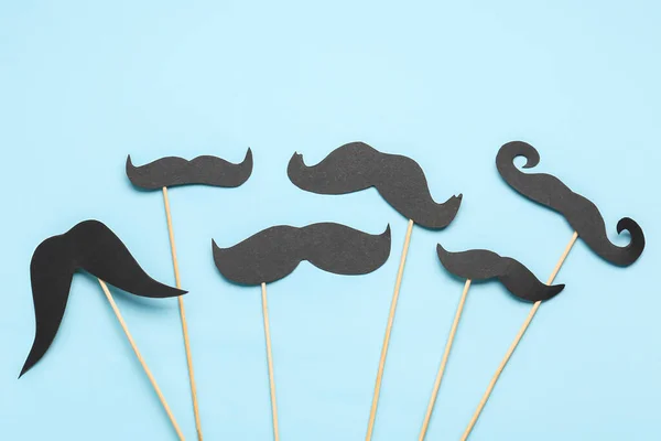 Set Different Paper Mustaches Sticks Color Background — Stock Photo, Image