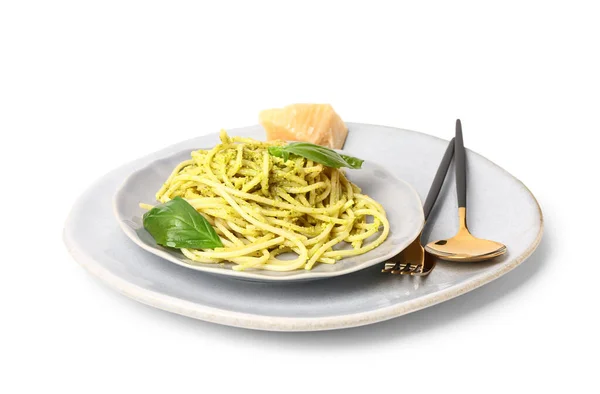 Assiette Avec Savoureuses Pâtes Pesto Sur Fond Blanc — Photo