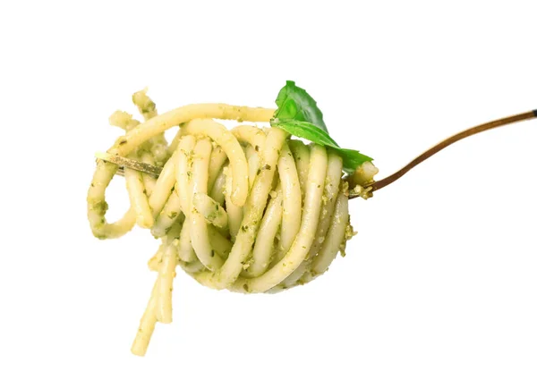 Vidlička Chutnými Pesto Těstoviny Bílém Pozadí — Stock fotografie