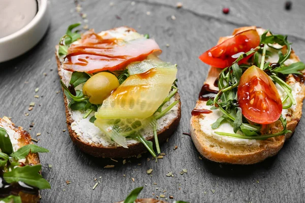 Slate Board Tasty Sandwiches Sauce Closeup — Stock Photo, Image